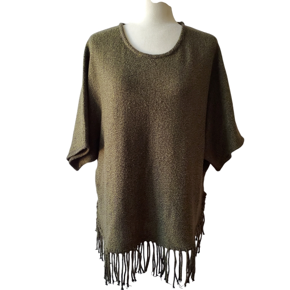 Relativity Poncho Style‎ Sweater Womens  Xlarge Olive Wide Sleeve Fringe